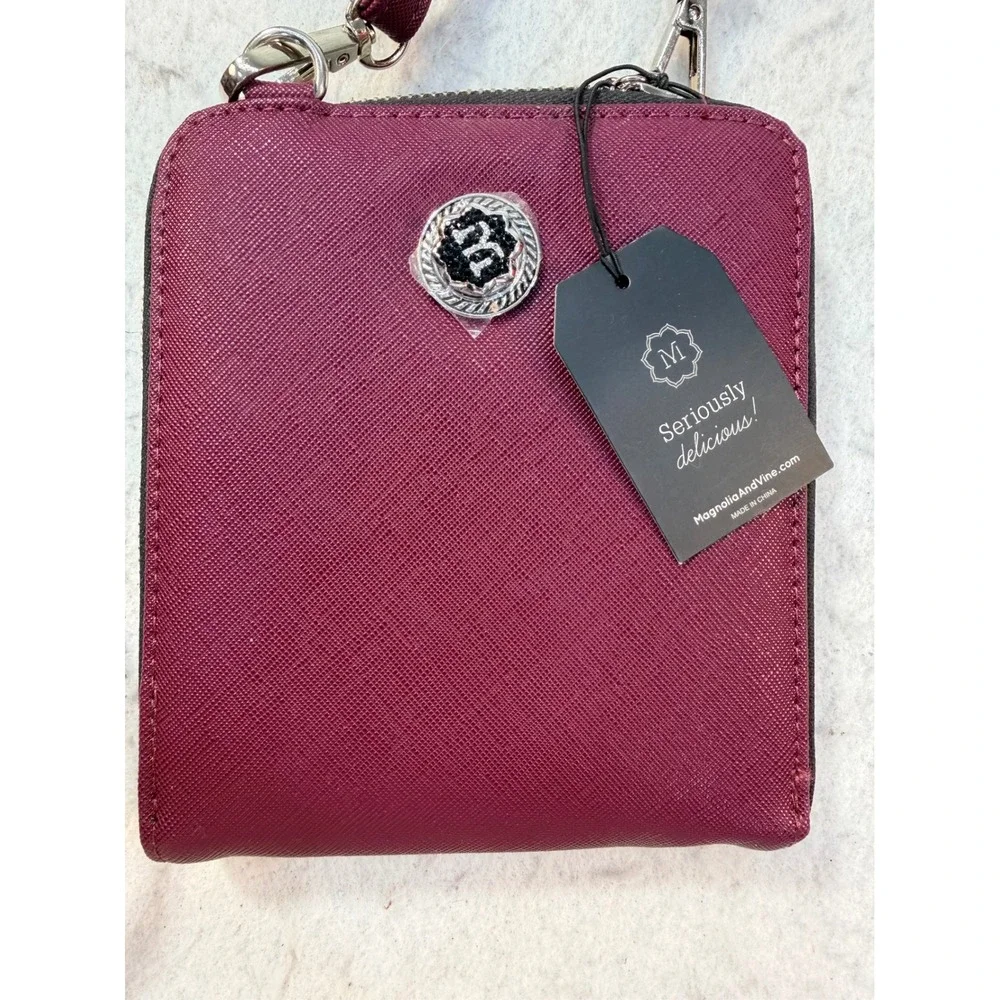 Magnolia and Vine Burgundy Vegan Leather Crossbody Wallet Bag Adjustable Strap